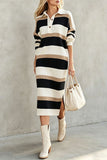 Striped Ribbed Knit Polo Midi Dress