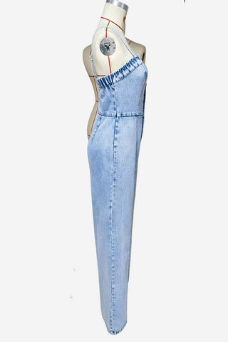 Strap-Detail Button-Front Jumpsuit