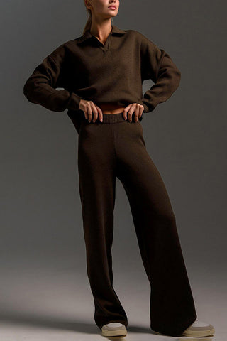 Knit Collared Top and Wide-Leg Pants Set