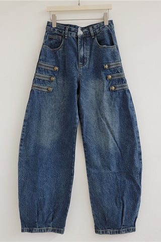 Button Detail Wide Leg Jeans