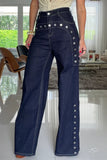 High-Waist Button Detail Straight Jeans
