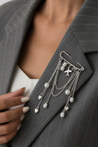 Layered Chain Pearl Heart Dangle Brooch