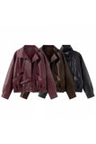 Notched Collar Smocked Waist Faux Leather Jacket