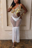 Fringe Mesh Cutout Vacation Dress