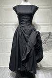 Boat Neck Cap Sleeve Fit and Flare Midi Dress