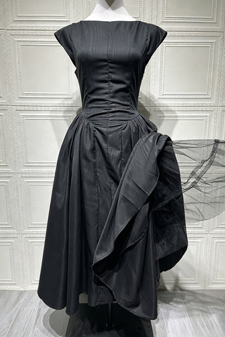 Boat Neck Cap Sleeve Fit and Flare Midi Dress