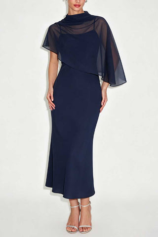 Sheer Draped Cape Overlay Midi Dress