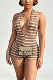 Striped Halter Deep V-Neck Romper