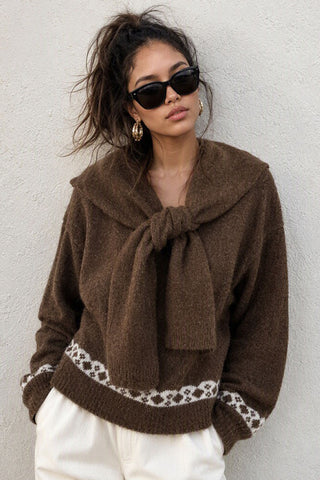 Tie-Neck Patterned Knit Sweater