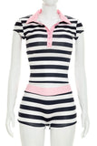 Striped Polo Collar Short Set