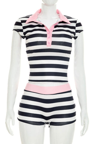 Striped Polo Collar Short Set