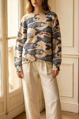 Fish Print Crew Neck Knit Sweater