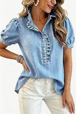 Ruffle Collar Puff Sleeve Button-Front Shirt