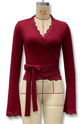 Lace Trim Wrap V-Neck Bell Sleeve Blouse