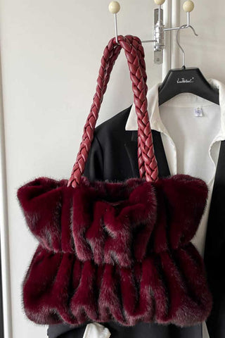 Braided Handle Faux Fur Tote Bag