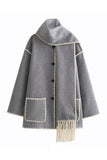 Contrast Trim Fringe Hem Cape Coat