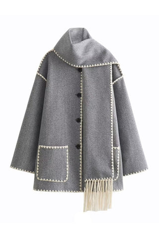 Contrast Trim Fringe Hem Cape Coat