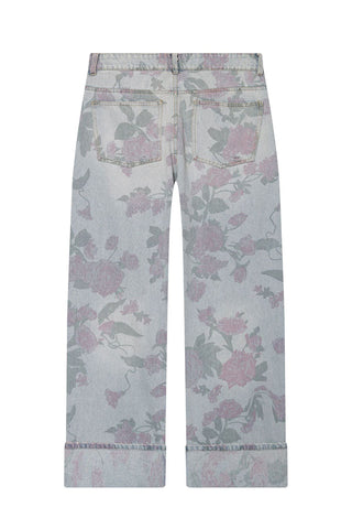 Floral Print Cuffed Wide Leg Jeans
