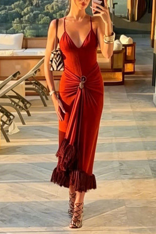 Ruched Fringe Midi Dress
