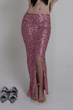 Sequin High-Waist Slit Midi Skirt