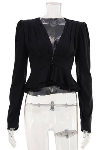 Puff Sleeve Deep V Neck Blouse