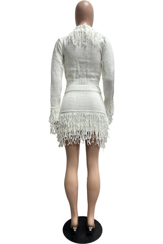 Fringe Trim V-Neck Knit Skirt Set