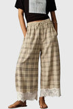 Plaid Drawstring Wide-Leg Lace Hem Casual Pants