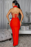 Floral Applique Halter Cutout Maxi Evening Dress