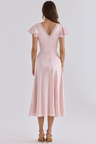 Lace Trim Flutter Sleeve V-Neck Midi Dress