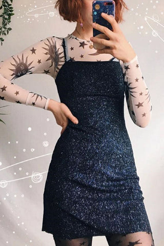 Sheer Mesh Celestial Print Long Sleeve Blouse