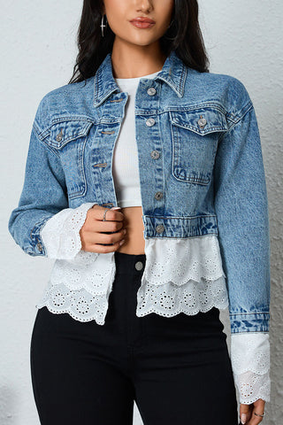 Lace Trim Cropped Denim Jacket
