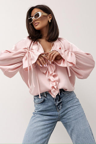 Ruffle V-Neck Tie Sleeve Satin Blouse