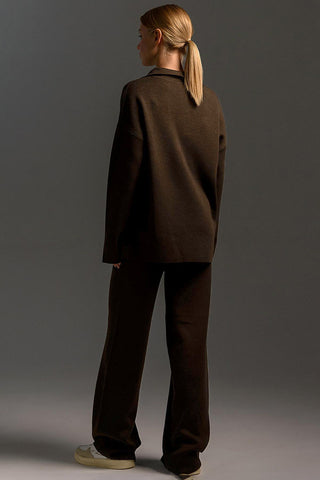 Knit Collared Top and Wide-Leg Pants Set