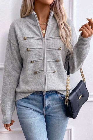 Zip-Front Mock Neck Knit Cardigan