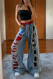 Distressed Side-Stripe Drawstring Straight Jeans