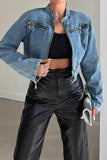 Zippered Collarless Crop Denim Jacket