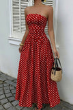 Polka Dot Strapless Ruched Maxi Dress