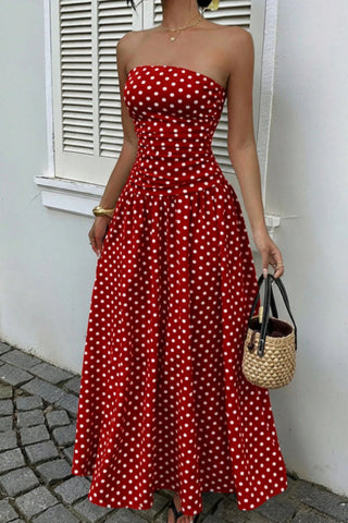 Polka Dot Strapless Ruched Maxi Dress