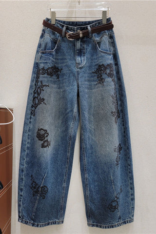 Floral Print High-Waist Baggy Jeans