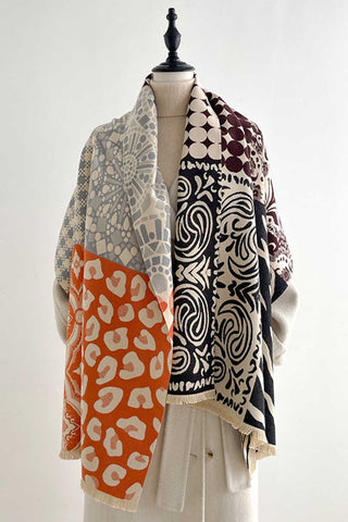 Mixed Print Patchwork Fringe Wrap Scarf