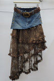 Belted Denim Skirt with Lace Overlay