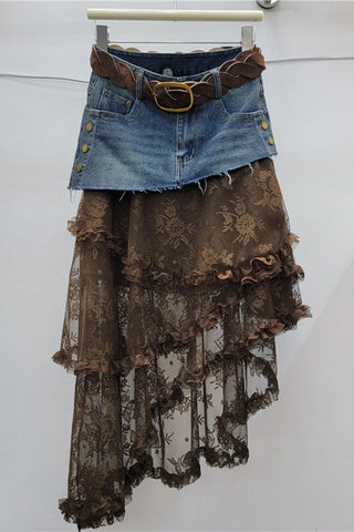 Belted Denim Skirt with Lace Overlay