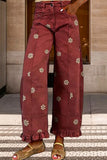 Daisy Print Ruffle Hem Wide Leg Pants
