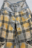 Distressed Plaid Wide Leg Jeans