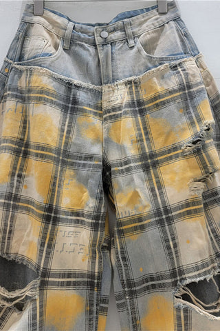 Distressed Plaid Wide Leg Jeans