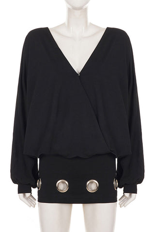 V-Neck Long Sleeve Grommet Mini Casual Dress