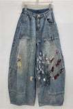 Distressed Paint-Splatter Wide Leg Jeans