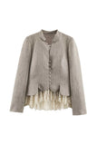 Collarless Button-Front Lace Trim Jacket