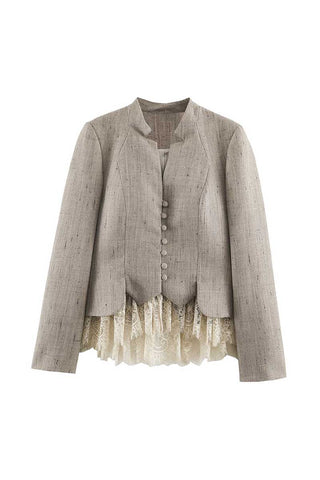 Collarless Button-Front Lace Trim Jacket
