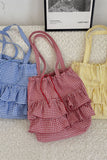 Gingham Ruffle Drawstring Tote Bag